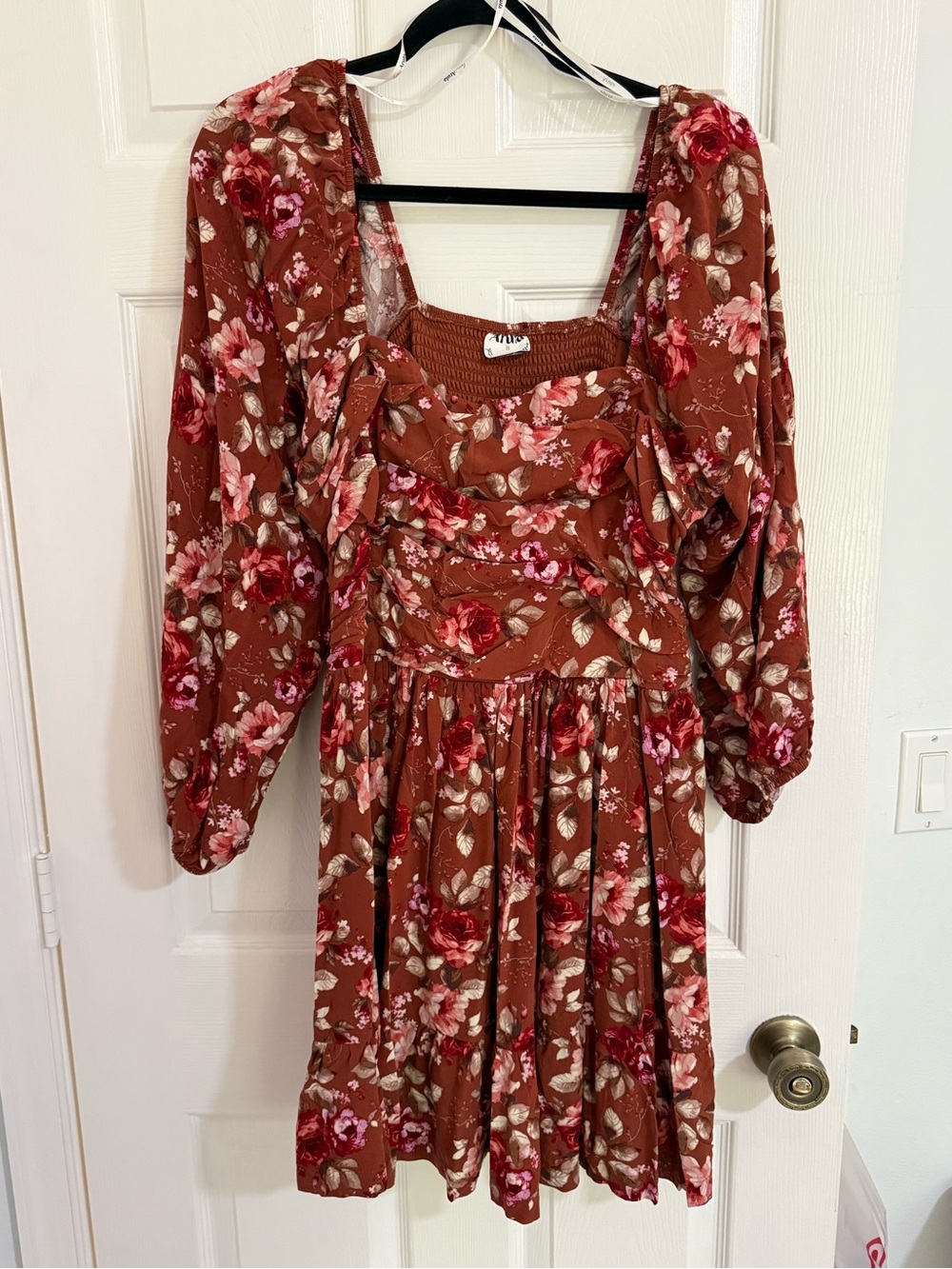 ARULA Rust Brown Floral Mini Dress with Pink & Cream Roses Size B